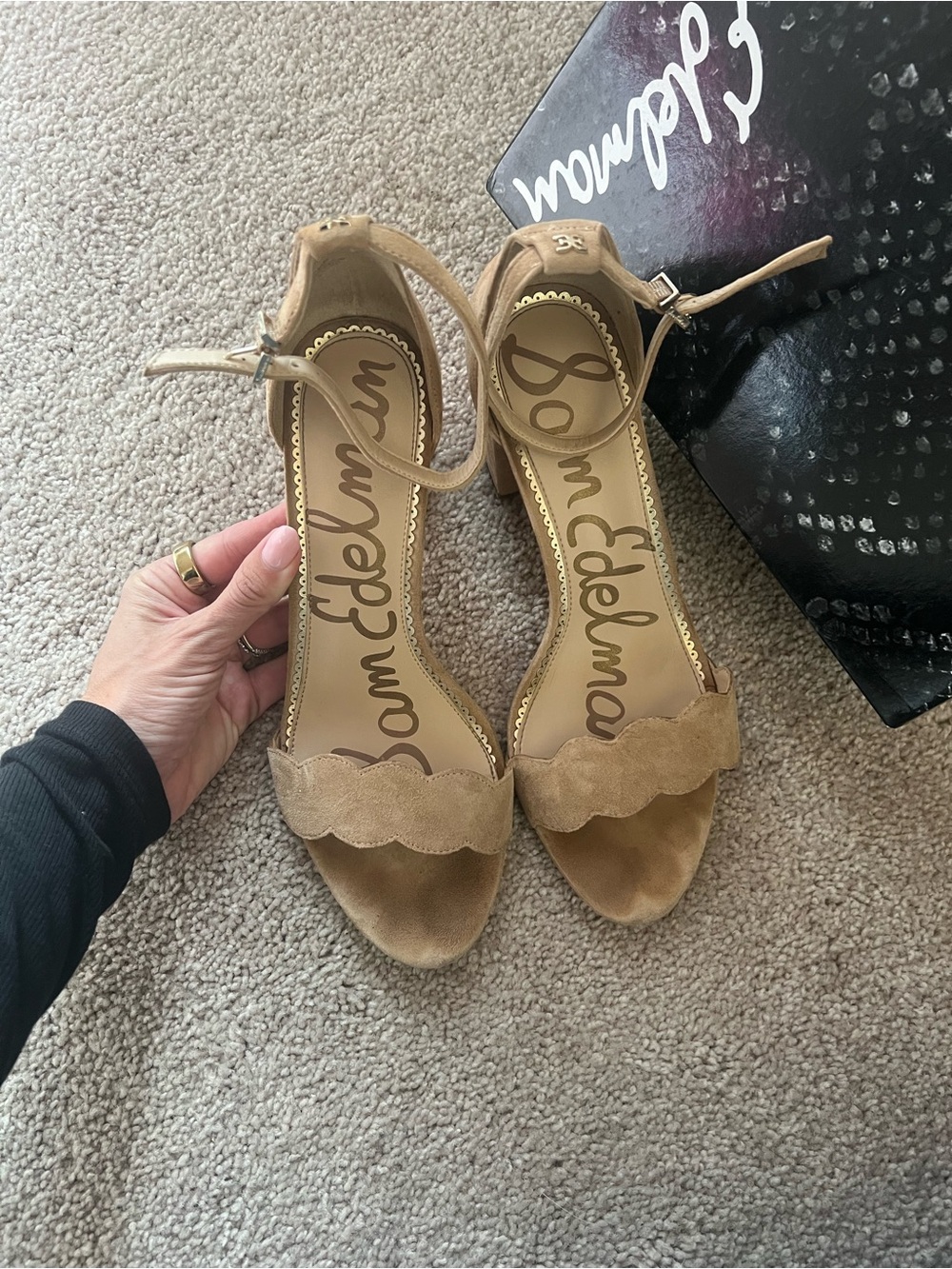 Sam Edelman Tan Suede Scalloped Block Heel Ankle Strap Sandals - Picture 9 of 10